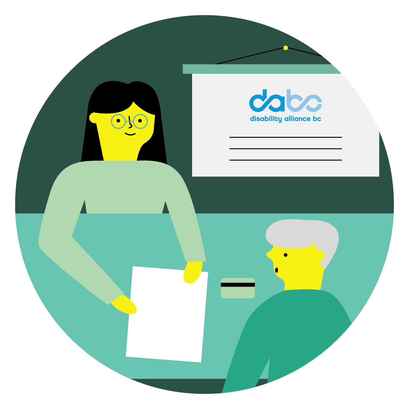 Graphic of the DABC logo and one person handing another person a piece of paper
