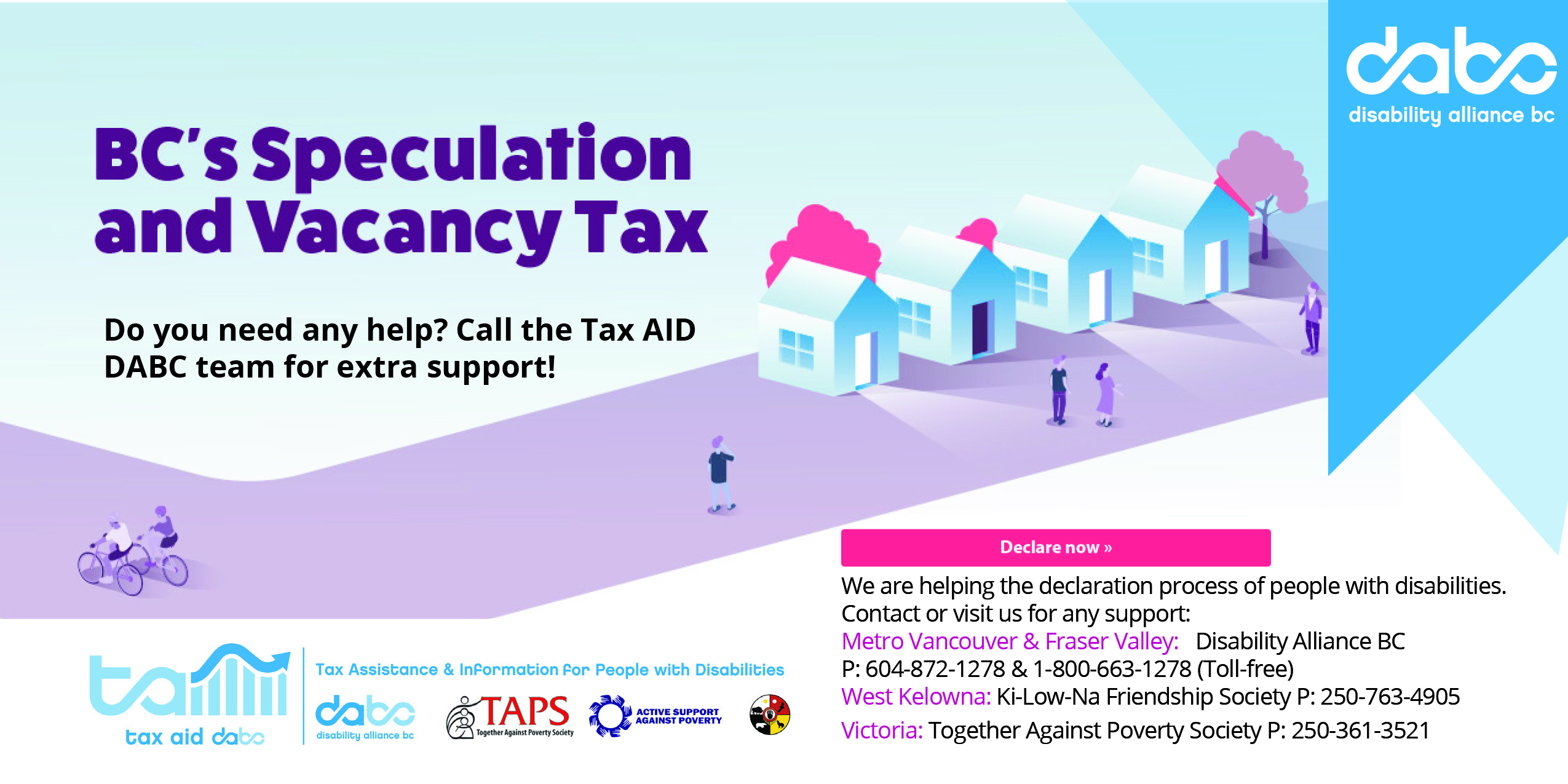Banner for DABC's BC Speculation and Vacancy Tax help, featuring a graphic of a row of houses and trees, and people standing/biking on the road.