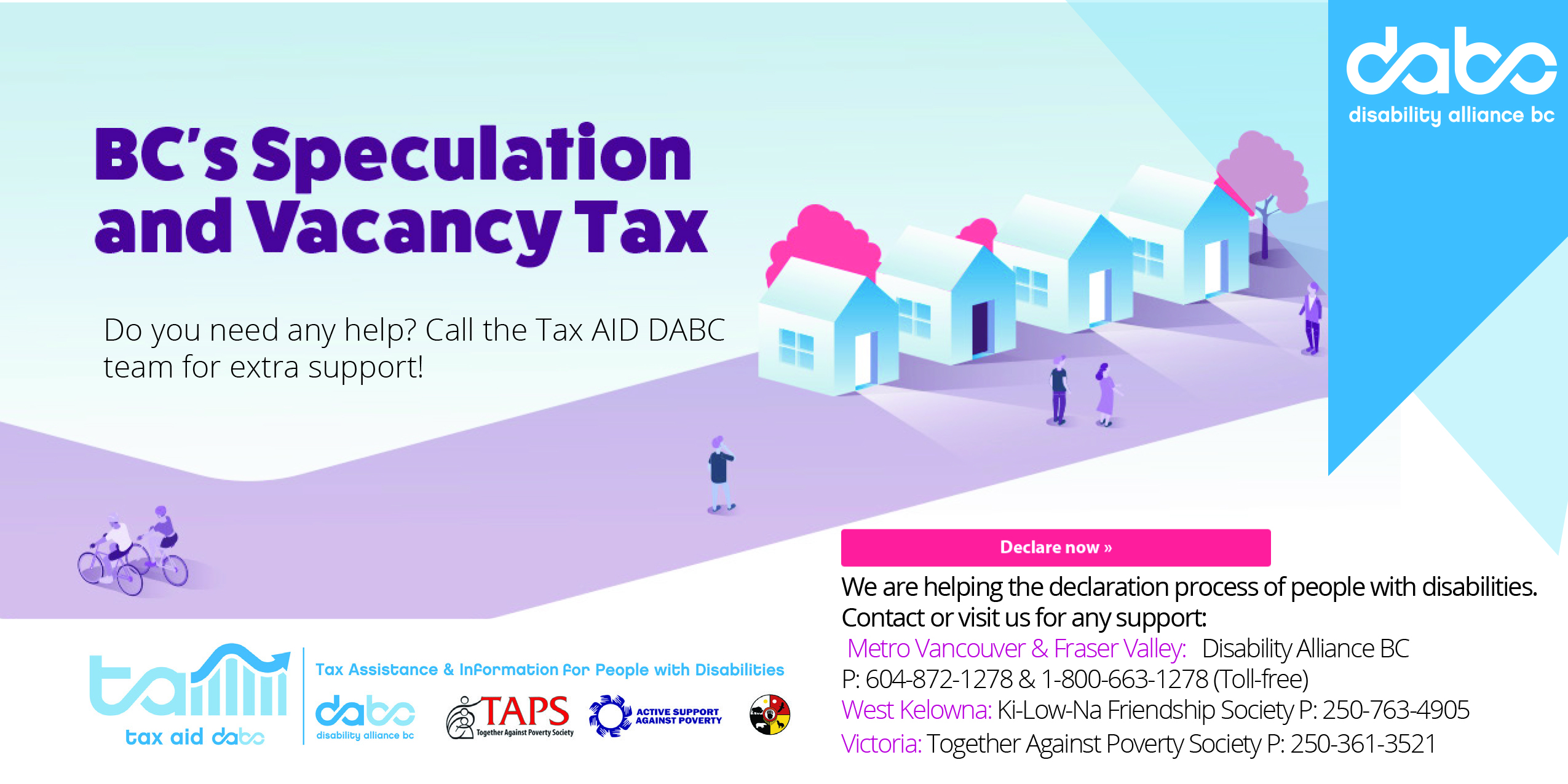 Banner for DABC's BC Speculation and Vacancy Tax help, featuring a graphic of a row of houses and trees, and people standing/biking on the road.