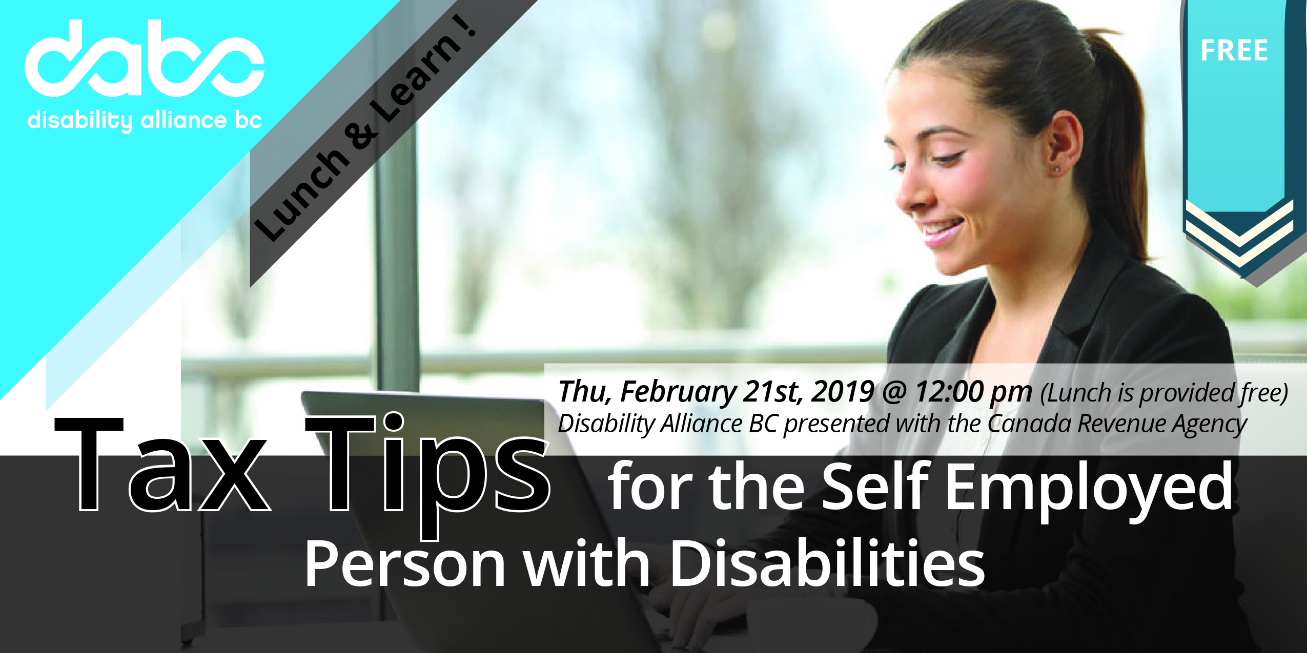 Poster for 2019 Tax Tips for the Self Employed Person with Disabilities workshop, featuring an image of a person sitting at a computer