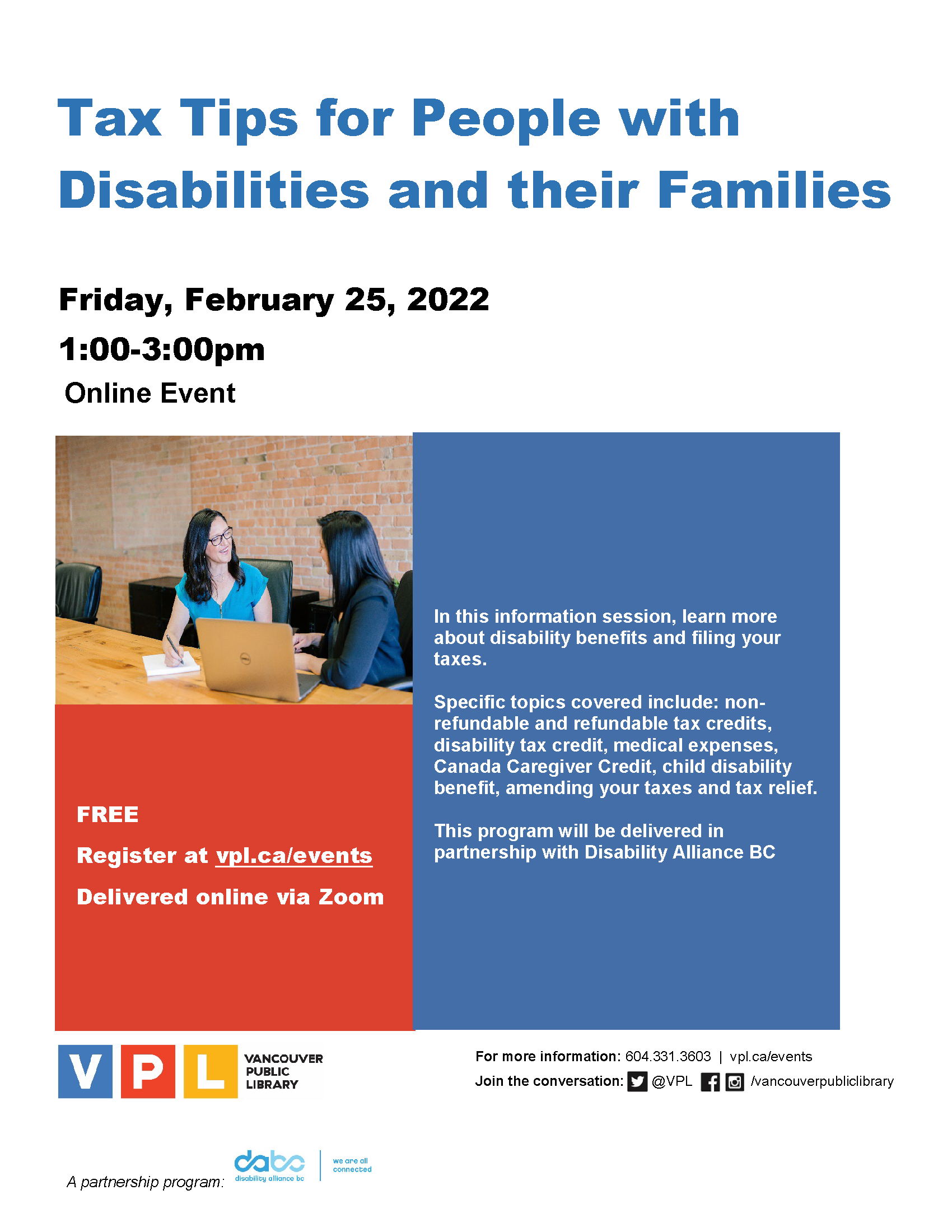 Poster for Tax Tips for People with Disabilities and their Families workshop, in partnership with VPL
