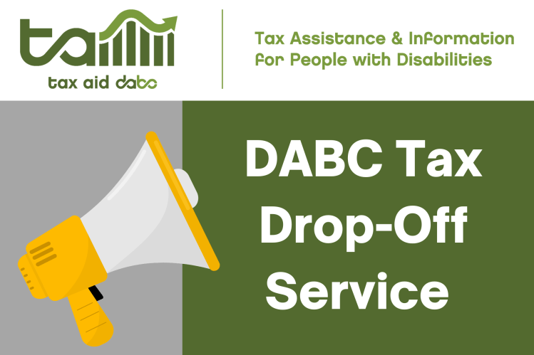 Banner with the Tax AID logo in olive green, text that says "DABC Tax Drop-Off Service," and a graphic of an orange and grey megaphone.