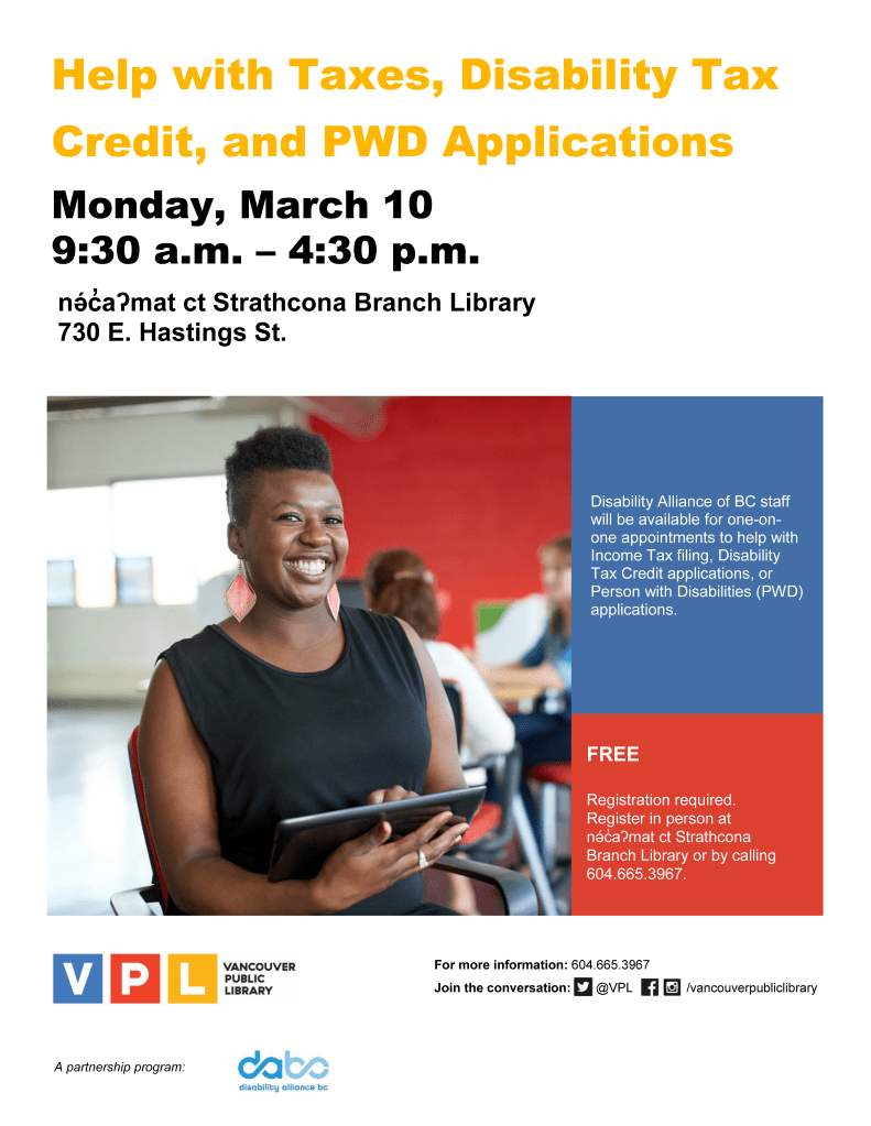 Mobile clinic poster that includes the information in the post as well as the VPL and DABC logos. There is an image of a person with short black hair and triangular pink earrings smiling and holding a tablet while appearing to be in a library. 