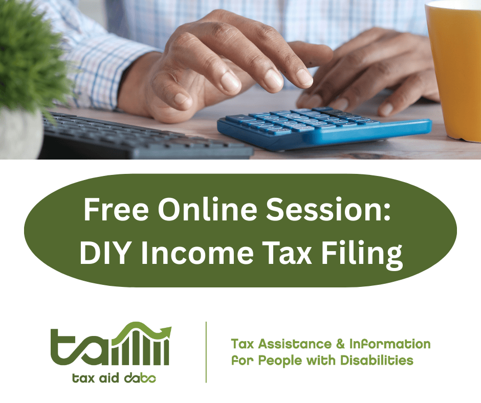 Image of hands, calculators and a green plant in a pot. Text under the image says "free online session: DIY Income Tax Filing." The Tax AID logo in green in below the image.